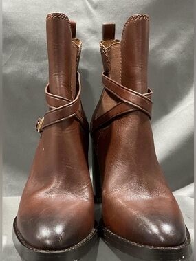 Coach, size 11, Brown Leather Ankle Boots w/ Wrap Strap Detail, EUC